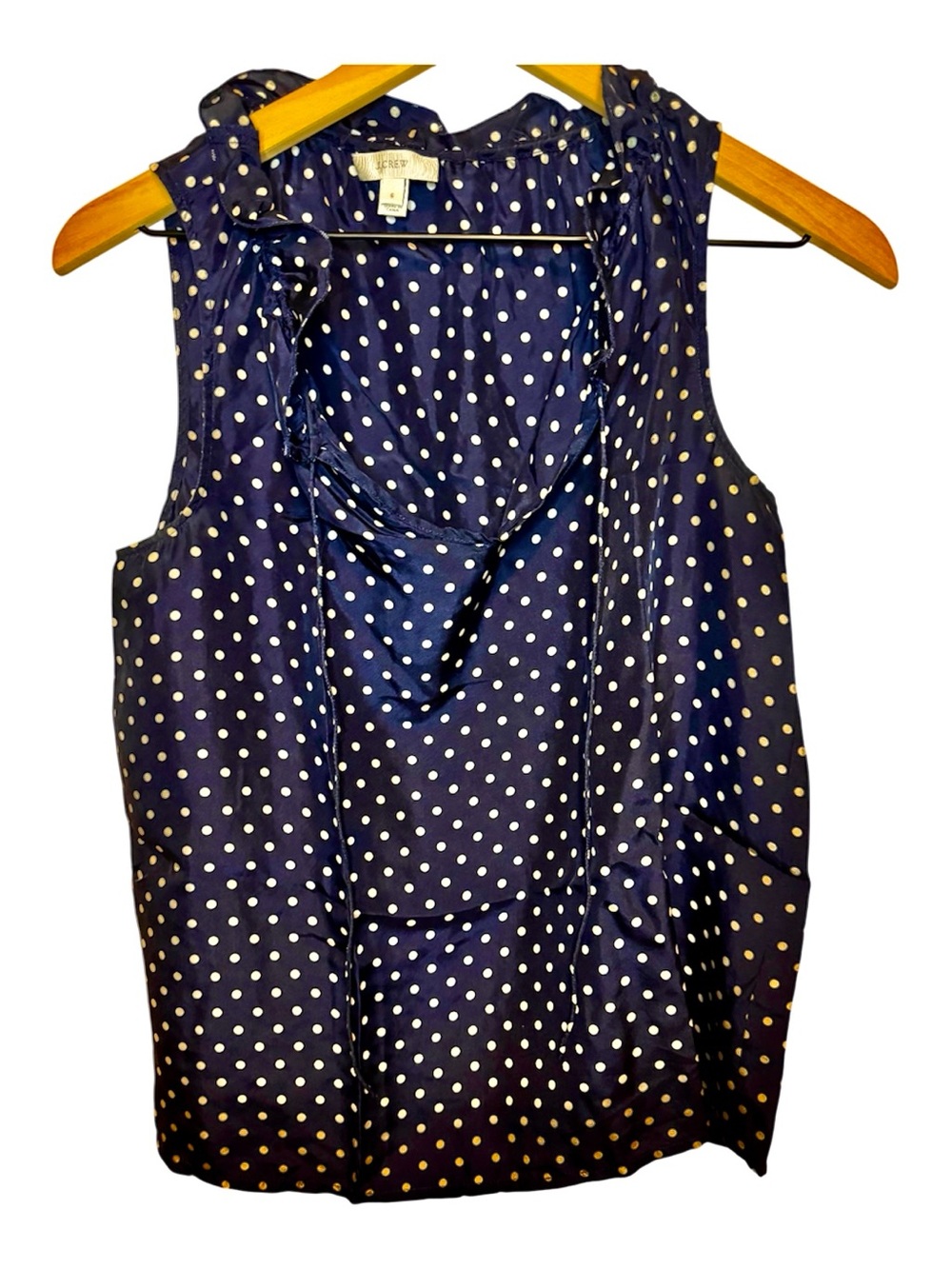 J Crew Navy polka dot sleeveless blouse w/ruffle keyhole tie neck
